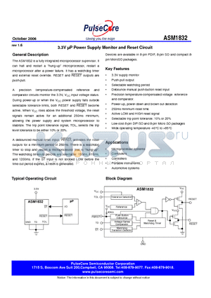 ASM1832SF datasheet - 3.3V lP Power Supply Monitor and Reset Circuit