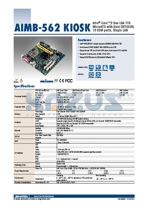 AIMB-562L-KSA1E datasheet - Intel^ Core2 Duo LGA 775 MicroATX with Dual CRT/LVDS, 10 COM ports, Single LAN