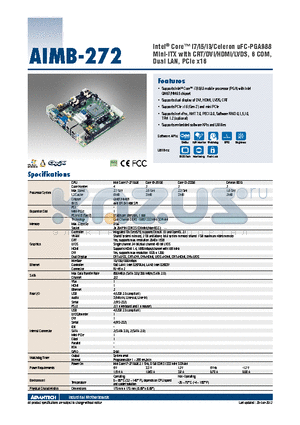 AIMB-272 datasheet - Intel^ Core i7/i5/i3/Celeron uFC-PGA988 Mini-ITX with CRT/DVI/HDMI/LVDS, 6 COM, Dual LAN, PCIe x16