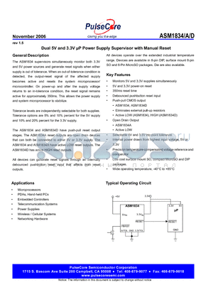 ASM1834AS datasheet - Dual 5V and 3.3V lP Power Supply Supervisor with Manual Reset