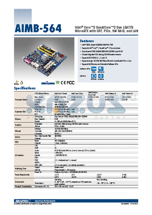 AIMB-564_12 datasheet - Intel^ Core2 Quad/Core2 Duo LGA775 MicroATX with CRT, PCIe, SW RAID, and LAN