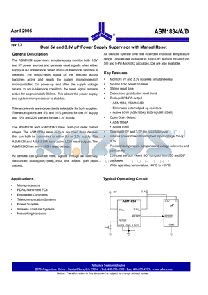 ASM1834AU-T datasheet - Dual 5V and 3.3V uP Power Supply Supervisor with Manual Reset