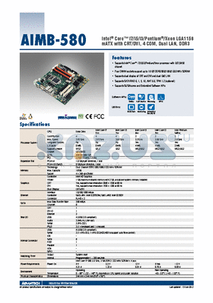 AIMB-580_12 datasheet - Intel^ Core i7/i5/i3/Pentium^/Xeon LGA1156 mATX with CRT/DVI, 4 COM, Dual LAN, DDR3