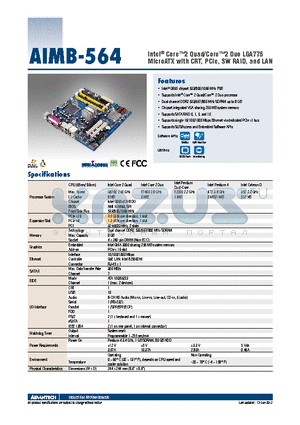 AIMB-564VG-00A1E datasheet - Intel^ Core2 Quad/Core2 Duo LGA775 MicroATX with CRT, PCIe, SW RAID, and LAN