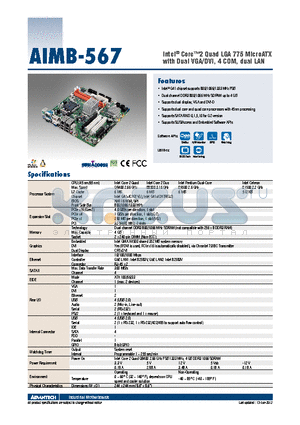 AIMB-567G2-00A1E datasheet - Intel^ Core2 Quad LGA 775 MicroATX with Dual VGA/DVI, 4 COM, dual LAN