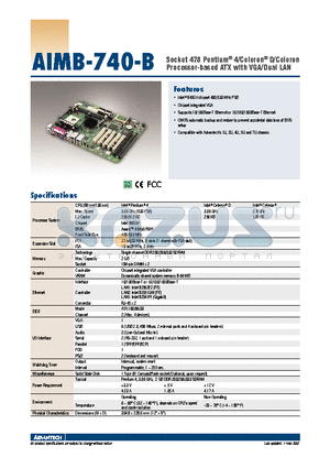 AIMB-740VE-00B1E datasheet - Socket 478 Pentium^ 4/Celeron^ D/Celeron Processor-based ATX with VGA/Dual LAN