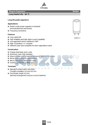 B43501A0107M002 datasheet - Snap-In Capacitors Long Useful Life - 85