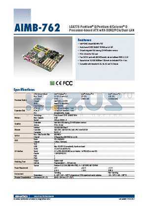 AIMB-762VG-00A1E datasheet - LGA775 Pentium^ D/Pentium 4/Celeron^ D Processor-based ATX with DDR2/PCIe/Dual LAN