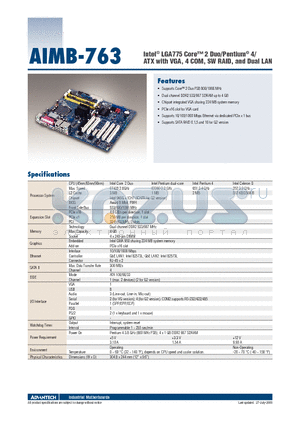 AIMB-763 datasheet - Intel^ LGA775 Core 2 Duo/Pentium^ 4/ATX with VGA, 4 COM, SW RAID, and Dual LAN