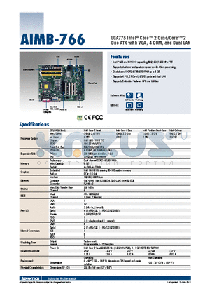 AIMB-766_12 datasheet - LGA775 Intel^ Core 2 Quad/Core 2 Duo ATX with VGA, 4 COM, and Dual LAN