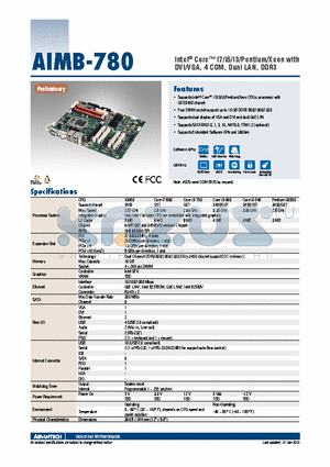 AIMB-780 datasheet - Intel^ Core i7/i5/i3/Pentium/Xeon with DVI/VGA, 4 COM, Dual LAN, DDR3