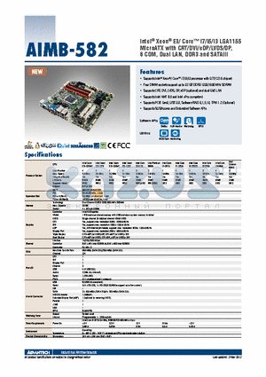 AIMB-582WG2-00A1E datasheet - Intel^ Xeon^ E3/ Core i7/i5/i3 LGA1155 MicroATX with CRT/DVI/eDP/LVDS/DP, 6 COM, Dual LAN, DDR3 and SATAIII