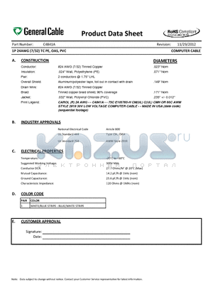 C4841A datasheet - 1P 24AWG (7/32) TC PE, OAS, PVC COMPUTER CABLE