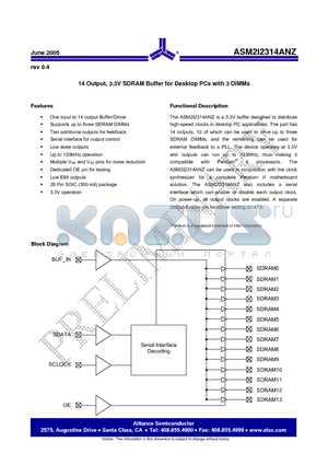 ASM2I2314ANZ-28-SR datasheet - 14 Output, 3.3V SDRAM Buffer for Desktop PCs with 3 DIMMs