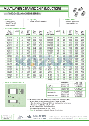 AIMC-0402 datasheet - MULTILAYER CERAMIC CHIP INDUCTORS