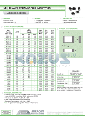 AIMC-0805 datasheet - MULTILAYER CERAMIC CHIP INDUCTORS