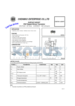 CHDTA113ZKPT datasheet - PNP Digital Silicon Transistor