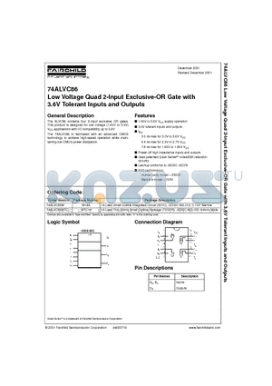 74ALVC86 datasheet - Low Voltage Quad 2-Input Exclusive-OR Gate with 3.6V Tolerant Inputs and Outputs