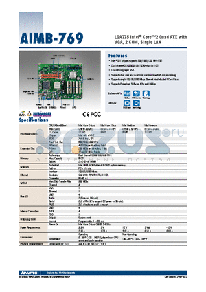 AIMB-769 datasheet - LGA775 Intel^ Core2 Quad ATX with VGA, 2 COM, Single LAN