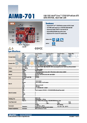 AIMB-701 datasheet - LGA1155 Intel^ Core i7/i5/i3/Pentium ATX with DVI/VGA, Dual GbE LAN