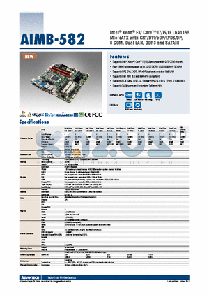 AIMB-582QG2-00A1E datasheet - Intel^ Xeon^ E3/ Core i7/i5/i3 LGA1155 MicroATX with CRT/DVI/eDP/LVDS/DP, 6 COM, Dual LAN, DDR3 and SATAIII