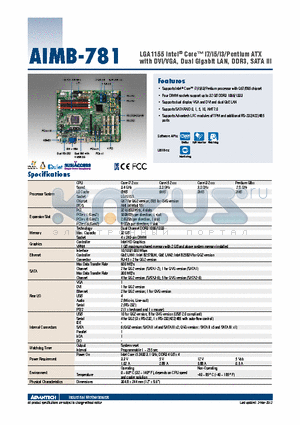 AIMB-781 datasheet - LGA1155 Intel^ Core i7/i5/i3/Pentium ATX with DVI/VGA, Dual Gigabit LAN, DDR3, SATA III