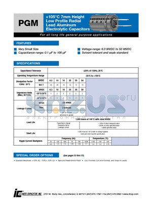 106PGM050M datasheet - 105`C 7mm Height Low Profile Radial Lead Aluminum Electrolytic Capacitors