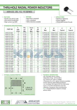AIRH-03 datasheet - THRU-HOLE RADIAL POWER INDUCTORS