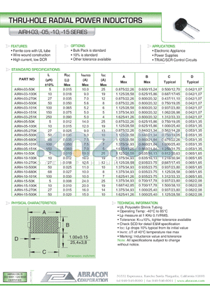 AIRH-05-50K datasheet - THRU-HOLE RADIAL POWER INDUCTORS