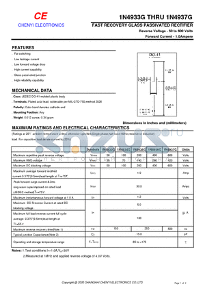 1N4937G datasheet - FAST RECOVERY GLASS PASSIVATED RECTIFIER