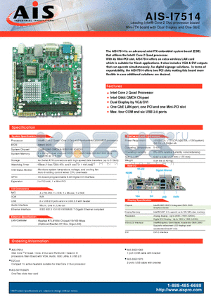 AIS-582R datasheet - Leading Intel^ Core 2 Duo processor based Mini-ITX board with Dual Display and One GbE