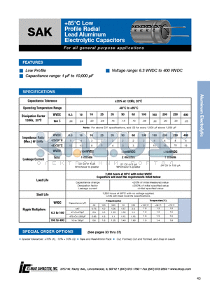 106SAK100M datasheet - 85`C Low Profile Radial Lead Aluminum Electrolytic Capacitors