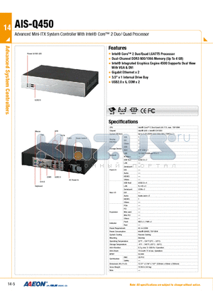 AIS-Q450 datasheet - Advanced Mini-ITX System Controller With Intel Core 2 Duo/ Quad Processor