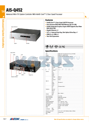 AIS-Q452 datasheet - Advanced Mini-ITX System Controller With Intel Core 2 Duo/ Quad Processor
