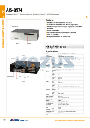 AIS-Q574 datasheet - Advanced Mini-ITX System Controller With Intel Core i7/i5/i3 Processor