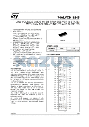 74ALVCH16245 datasheet - LOW VOLTAGE CMOS 16-BIT TRANSCEIVER (3-STATE) WITH 3.6V TOLERANT INPUTS AND OUTPUTS