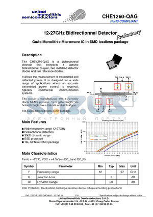 CHE1260-QAG datasheet - 12-27GHz Bidirectionnal Detector