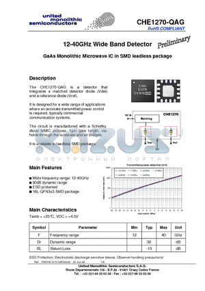 CHE1270-QAG/20 datasheet - 12-40GHz Wide Band Detector