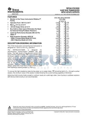 74ALVCH16245DGVRE4 datasheet - 16-BIT BUS TRANSCEIVER WITH 3-STATE OUTPUTS