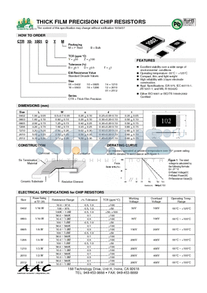 CTR01-1001FZB datasheet - THICK FILM PRECISION CHIP RESISTORS