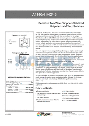 A1140ELH datasheet - Sensitive Two-Wire Chopper-Stabilized Unipolar Hall-Effect Switches