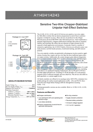 A1140LLH datasheet - Sensitive Two-Wire Chopper-Stabilized Unipolar Hall-Effect Switches