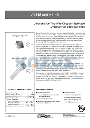 A1145EUA datasheet - Ultrasensitive Two-Wire Chopper-Stabilized Unipolar Hall Effect Switches