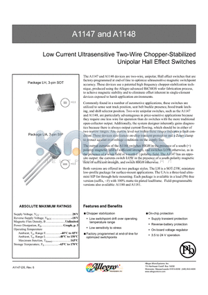 A1147 datasheet - Low Current Ultrasensitive Two-Wire Chopper-Stabilized Unipolar Hall Effect Switches