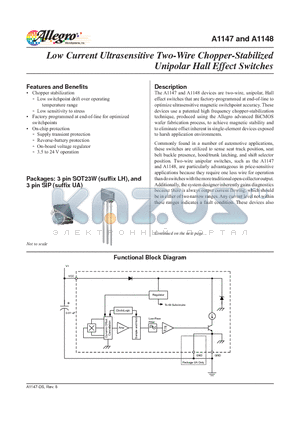 A1147ELHLT-T datasheet - Low Current Ultrasensitive Two-Wire Chopper-Stabilized Unipolar Hall Effect Switches