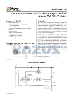 A1147LUA-T datasheet - Low Current Ultrasensitive Two-Wire Chopper-Stabilized Unipolar Hall Effect Switches