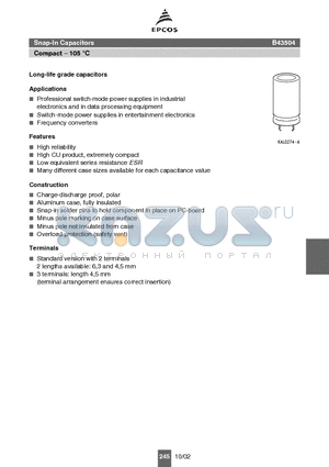 B43504A0277M000 datasheet - Snap-In Capacitors