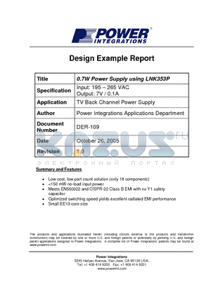 DER-109 datasheet - 0.7W Power Supply using LNK353P