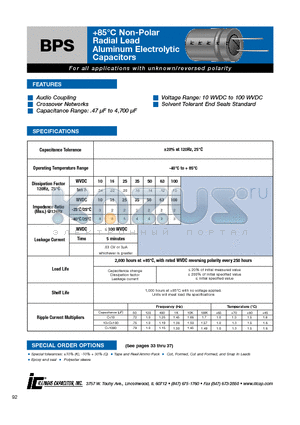 107BPS100M datasheet - 85`C Non-Polar Radial Lead Aluminum Electrolytic Capacitors