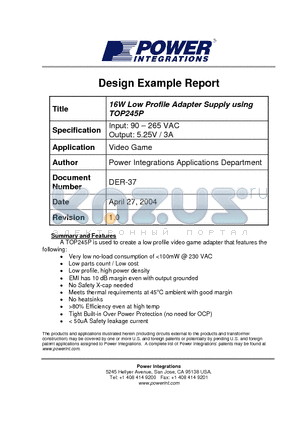 DER-37 datasheet - 16W Low Profile Adapter Supply using TOP245P